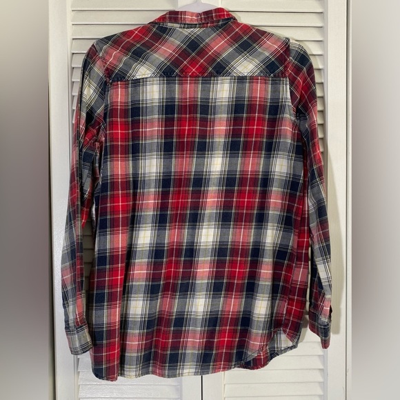 Vanilla Star Red Plaid Long Sleeve Button Up Shirt, Sz M, Pocket, Missing Button - Picture 2 of 9